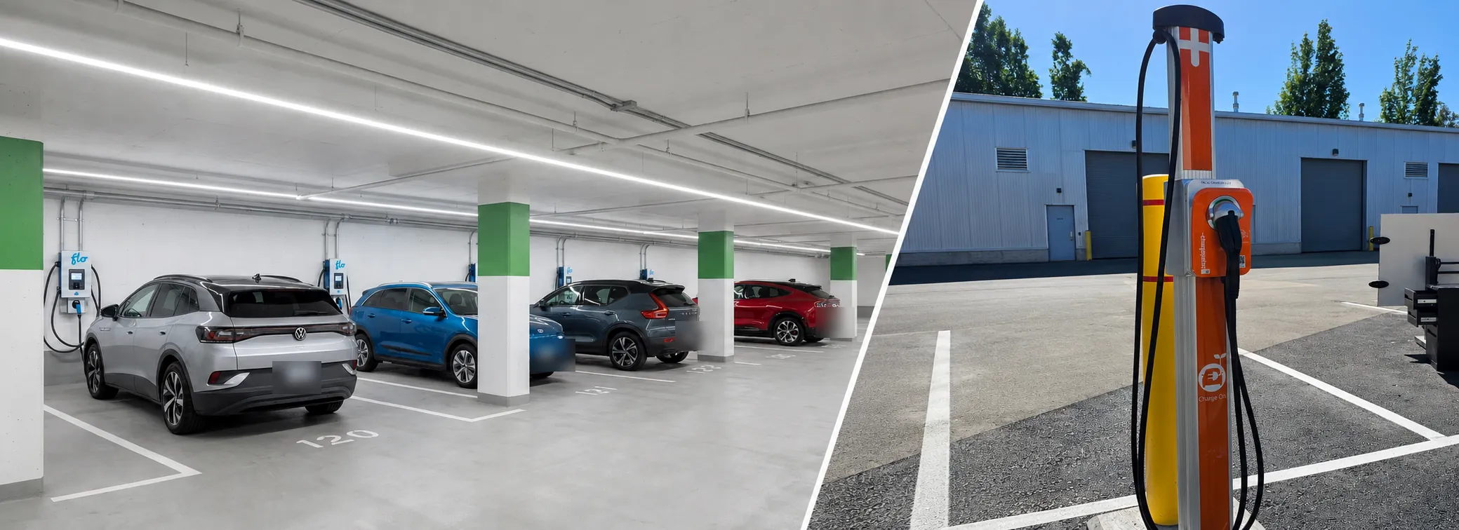 EV charging stalls in a bright strata parkade and an outdoor charging station